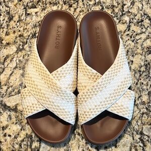 Rothy's Cream and Brown Slide Sandals with Woven Straps